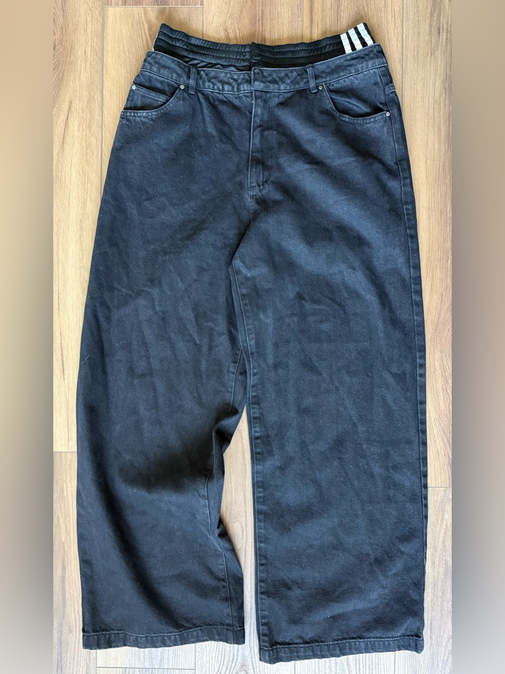 Adidas Jeans Women 34 Black Ksenia Schnaider 3 Stripe Wide Leg Pants IJ8348